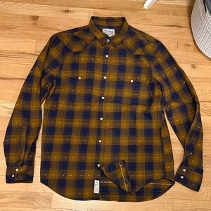 Lucky Brand Navy and Brown Cotton Plaid Shirt with Snap Buttons Medium